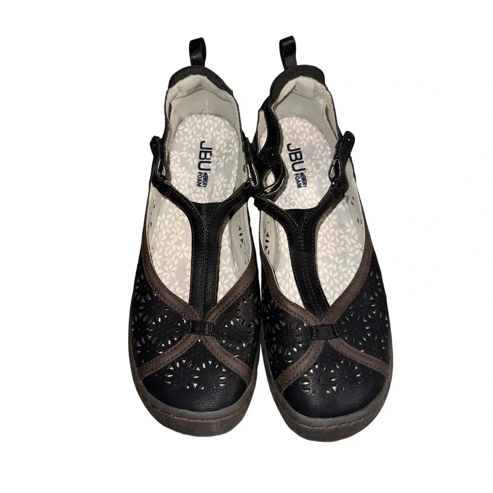 JBU Daffodil Mary Jane Flats 9M Black Brown Laser Cut T-Strap Memory Foam Shoes